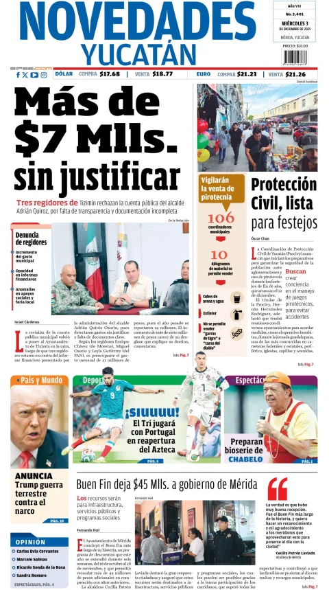 Portada de Novedades Yucatan del miércoles, 3 de diciembre de 2025