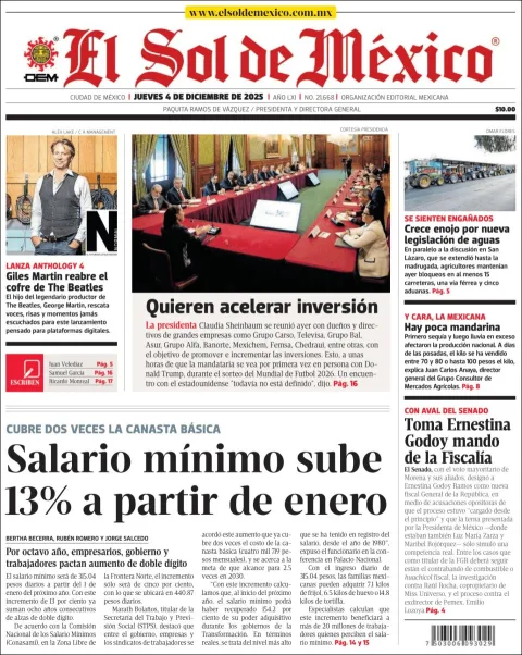 Portada de El Sol de Mexico del jueves, 4 de diciembre de 2025