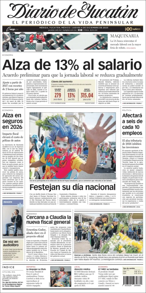 Portada de Diario de Yucatán del jueves, 4 de diciembre de 2025