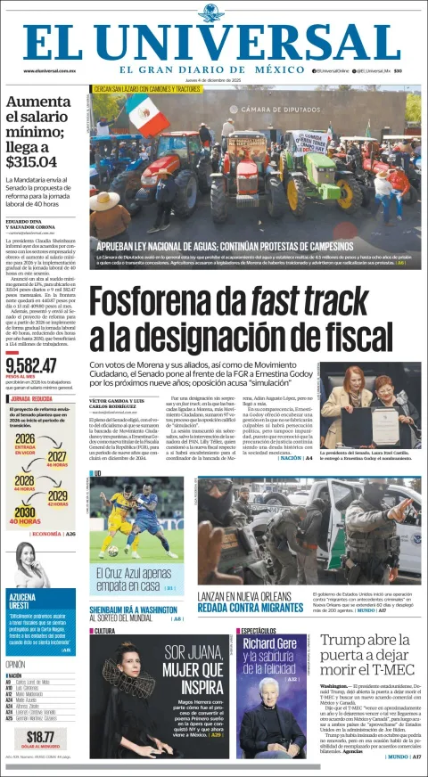 Portada de El Universal del jueves, 4 de diciembre de 2025