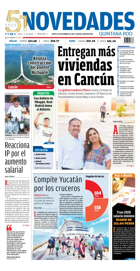 Portada de Novedades Quintana Roo del jueves, 4 de diciembre de 2025