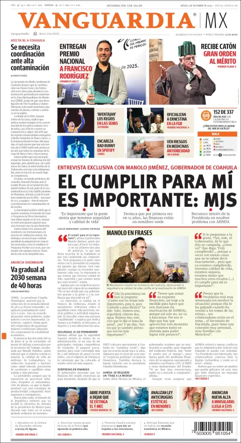 Portada de Vanguardia del jueves, 4 de diciembre de 2025