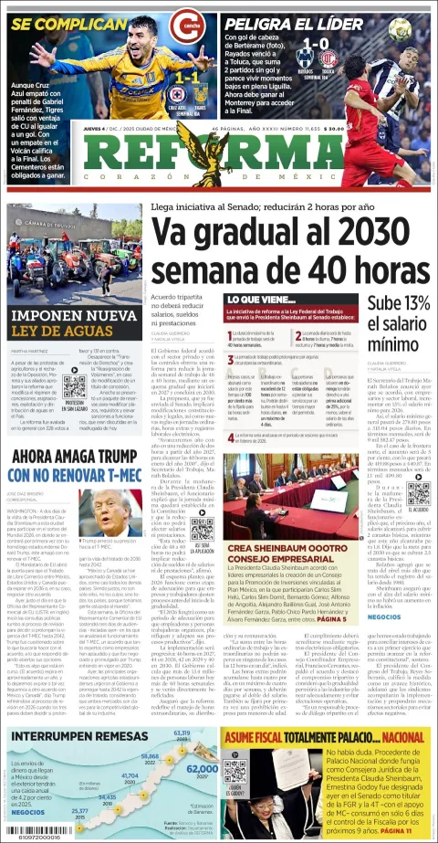 Portada de Reforma del jueves, 4 de diciembre de 2025