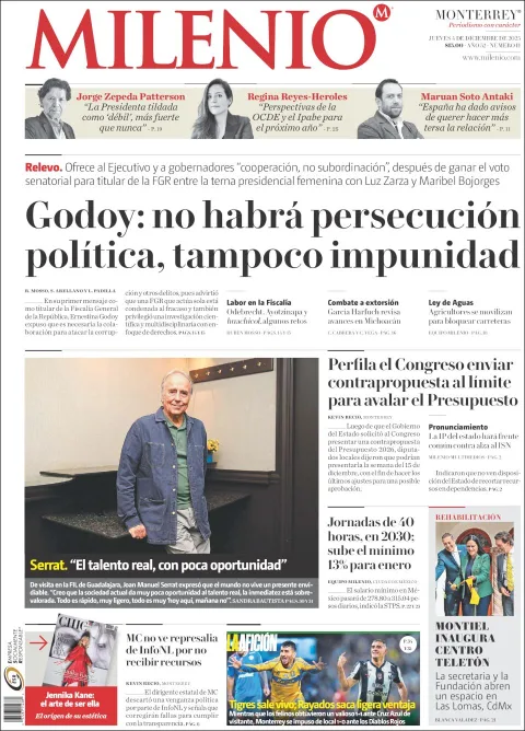 Portada de Milenio del jueves, 4 de diciembre de 2025