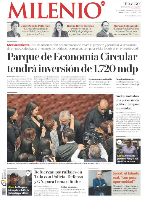 Portada de Milenio Hidalgo del jueves, 4 de diciembre de 2025