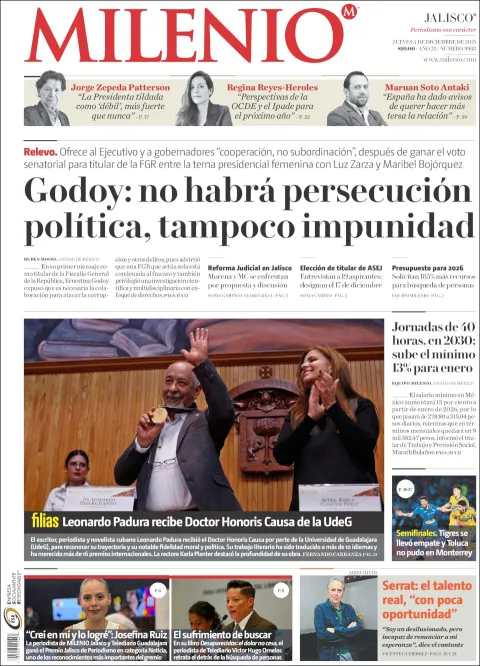 Portada de Milenio Jalisco del jueves, 4 de diciembre de 2025