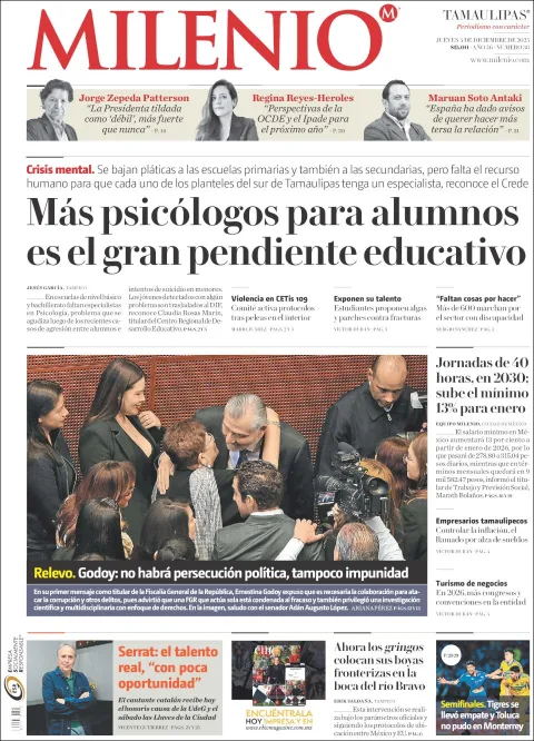 Portada de Milenio Tamaulipas del jueves, 4 de diciembre de 2025