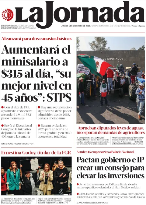 Portada de La Jornada del jueves, 4 de diciembre de 2025