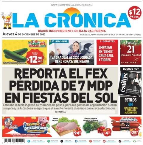 Portada de La Cronica del jueves, 4 de diciembre de 2025