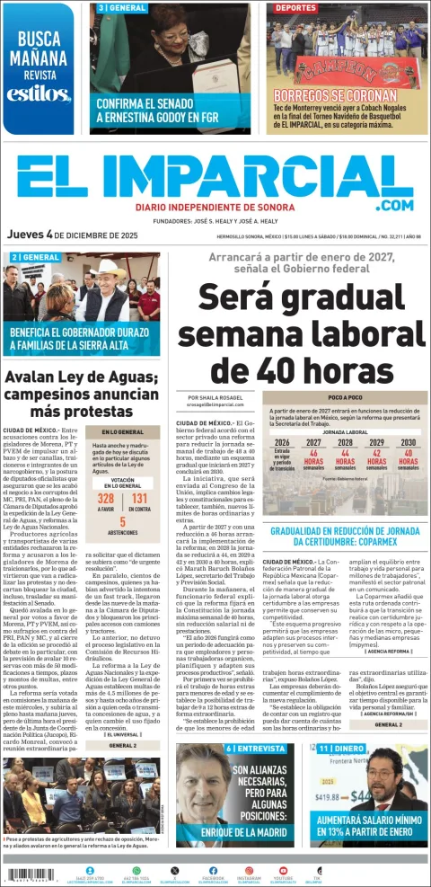 Portada de El Imparcial del jueves, 4 de diciembre de 2025