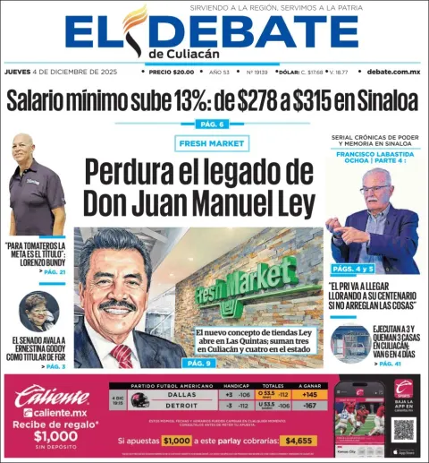 Portada de El Debate de Culiacan del jueves, 4 de diciembre de 2025