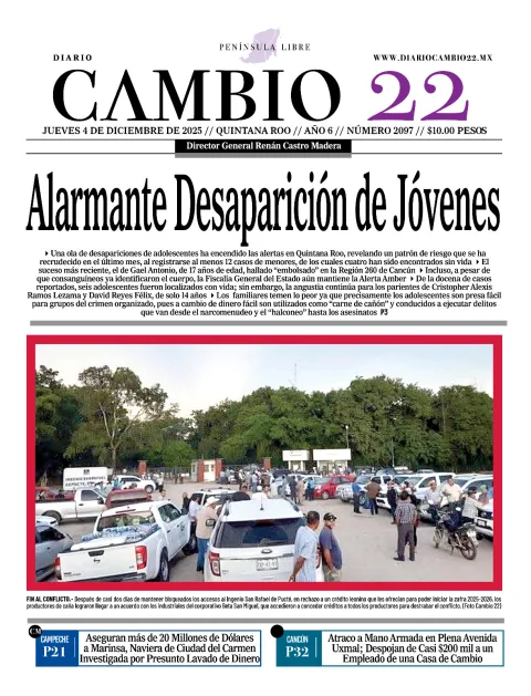 Portada de Diario Cambio 22 (contraportada) del jueves, 4 de diciembre de 2025