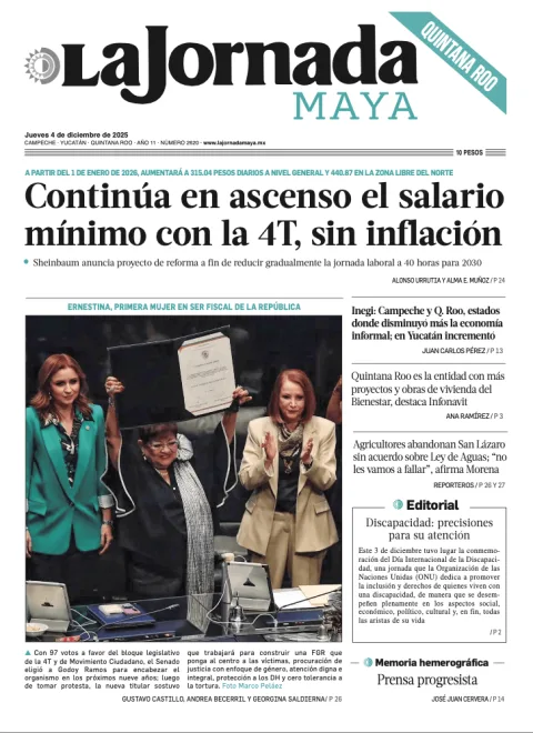 Portada de La Jornada Maya Quintana Roo del jueves, 4 de diciembre de 2025