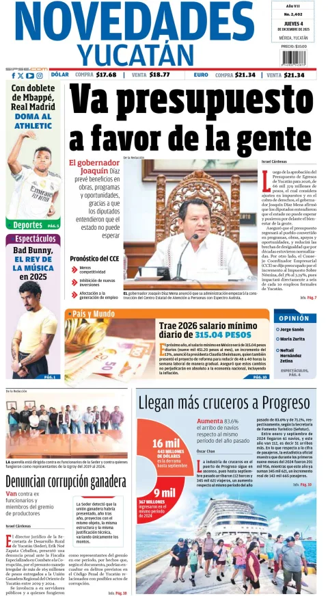 Portada de Novedades Yucatan del jueves, 4 de diciembre de 2025