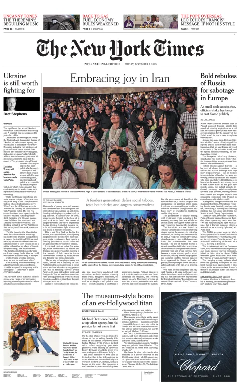 Portada de The New York Times (international) del viernes, 5 de diciembre de 2025