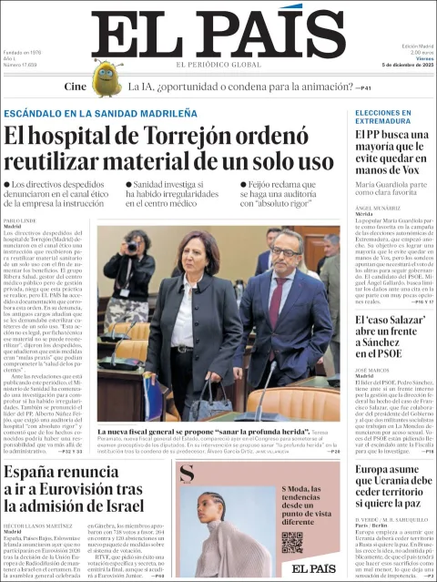 Portada de El Pais del viernes, 5 de diciembre de 2025