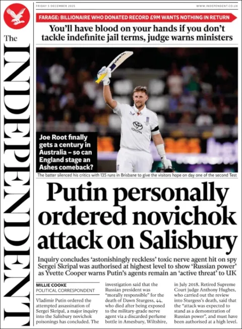 Portada de The Independent del viernes, 5 de diciembre de 2025