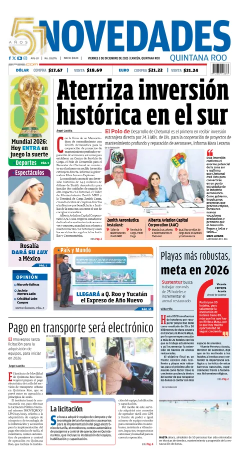 Portada de Novedades Quintana Roo del viernes, 5 de diciembre de 2025