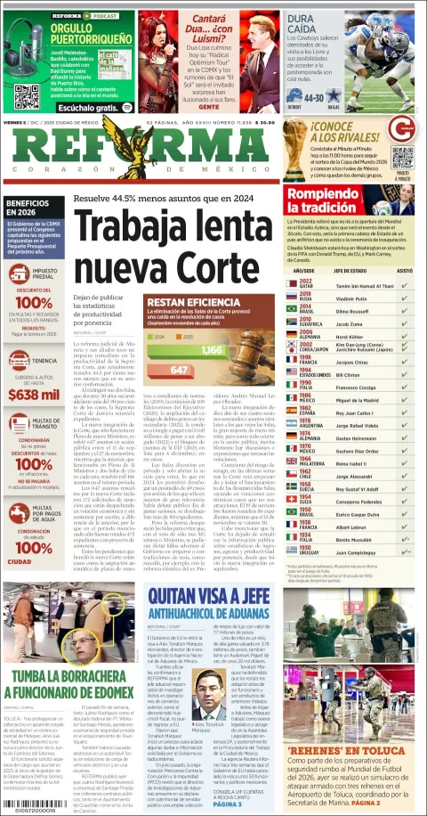 Portada de Reforma del viernes, 5 de diciembre de 2025
