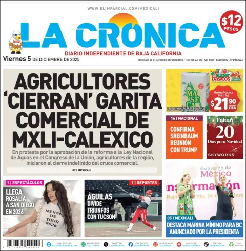 Portada de La Cronica del viernes, 5 de diciembre de 2025