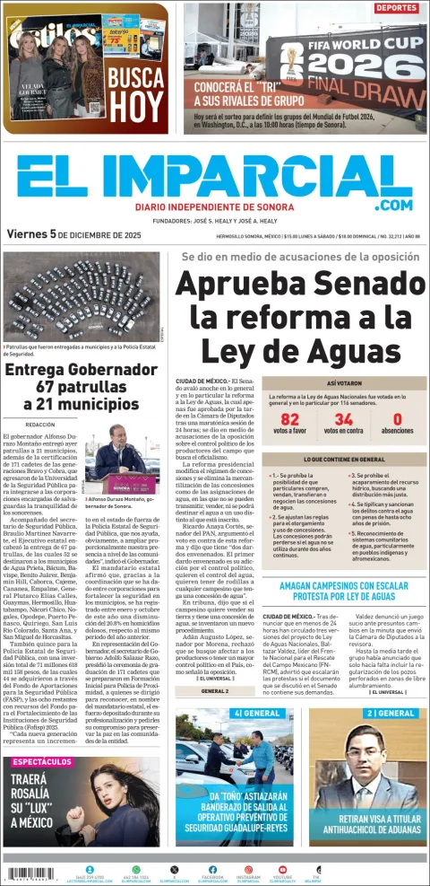 Portada de El Imparcial del viernes, 5 de diciembre de 2025