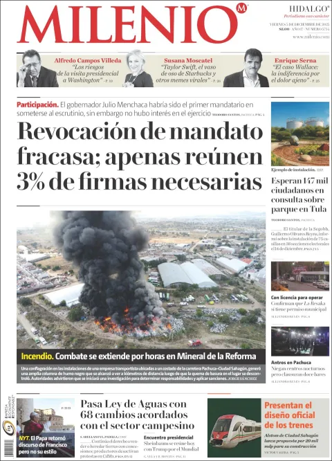 Portada de Milenio Hidalgo del viernes, 5 de diciembre de 2025