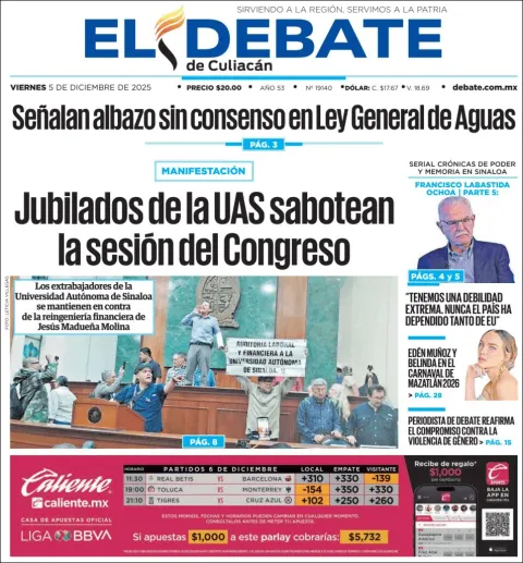 Portada de El Debate de Culiacan del viernes, 5 de diciembre de 2025