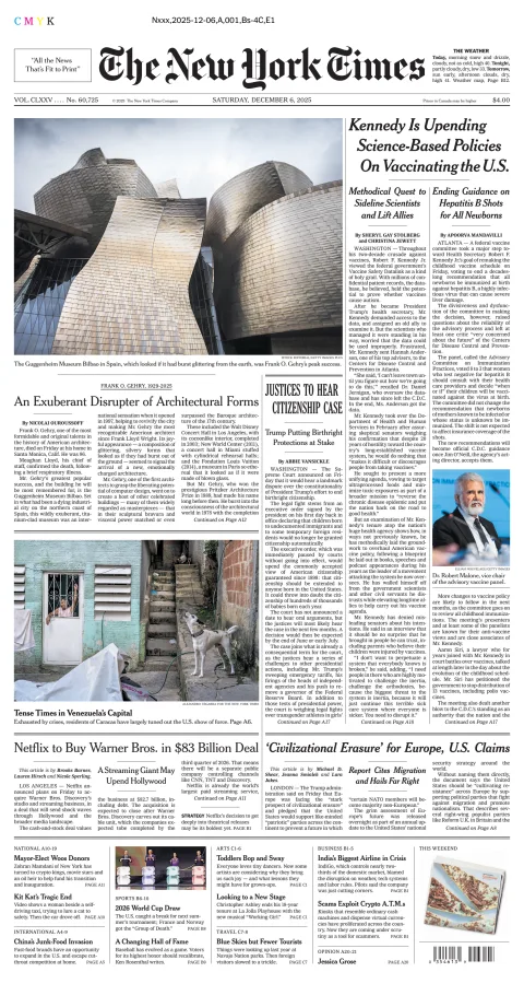Portada de The New York Times (new York) del sábado, 6 de diciembre de 2025