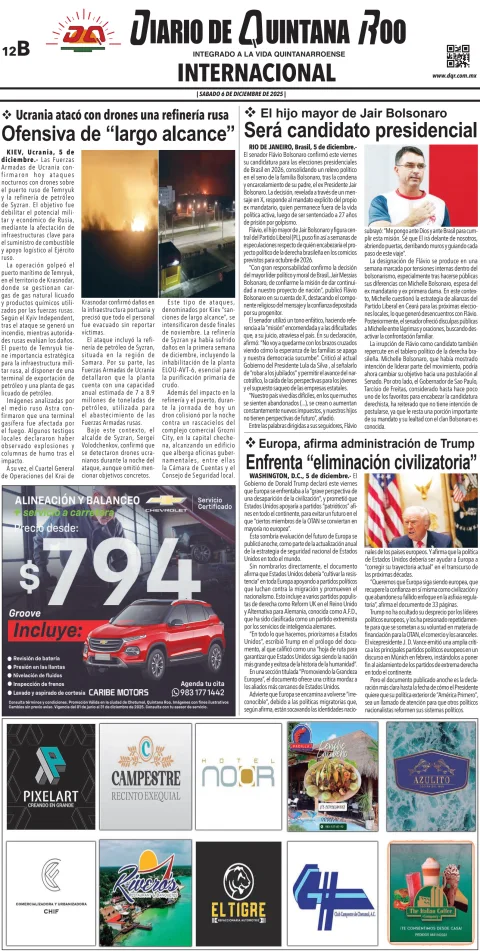 Portada de Diario de Quintana Roo (contra Portada) del sábado, 6 de diciembre de 2025
