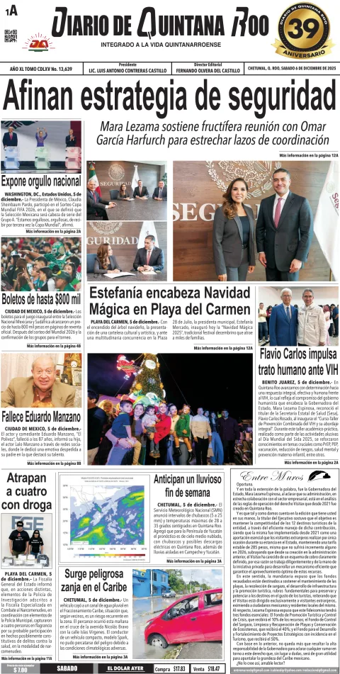 Portada de Diario de Quintana Roo (portada) del sábado, 6 de diciembre de 2025