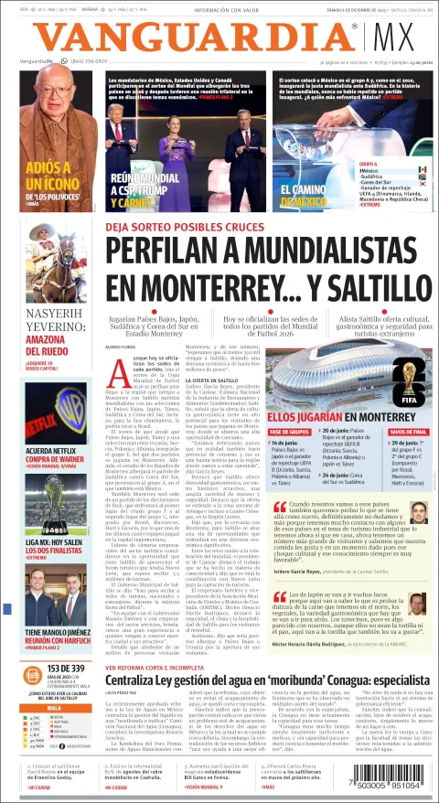 Portada de Vanguardia del sábado, 6 de diciembre de 2025