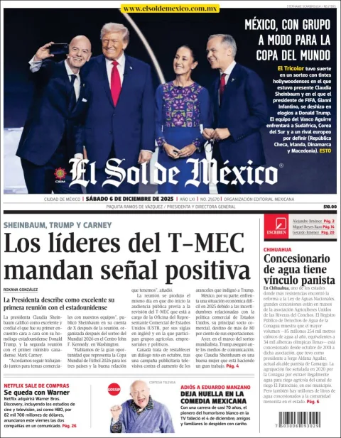 Portada de El Sol de Mexico del sábado, 6 de diciembre de 2025