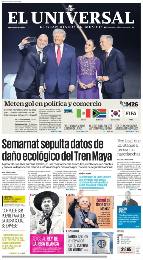 Portada de El Universal del sábado, 6 de diciembre de 2025