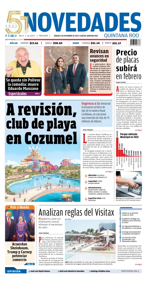 Portada de Novedades Quintana Roo del sábado, 6 de diciembre de 2025
