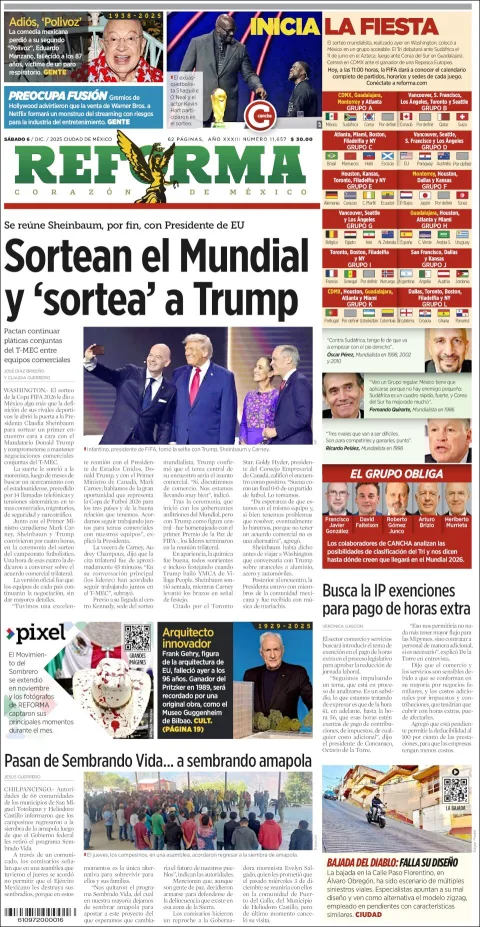 Portada de Reforma del sábado, 6 de diciembre de 2025