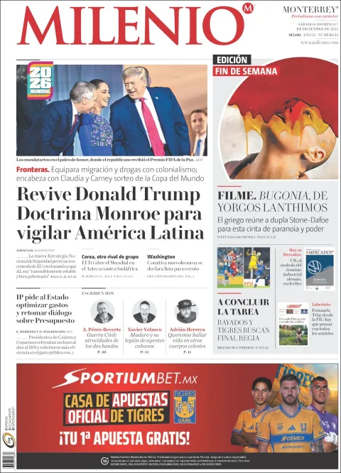 Portada de Milenio del sábado, 6 de diciembre de 2025