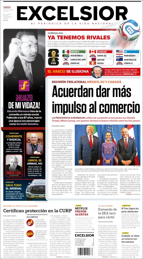 Portada de Excelsior del sábado, 6 de diciembre de 2025