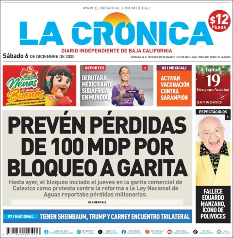 Portada de La Cronica del sábado, 6 de diciembre de 2025