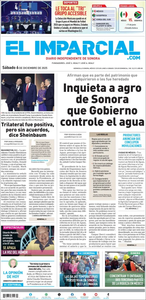 Portada de El Imparcial del sábado, 6 de diciembre de 2025