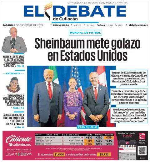 Portada de El Debate de Culiacan del sábado, 6 de diciembre de 2025