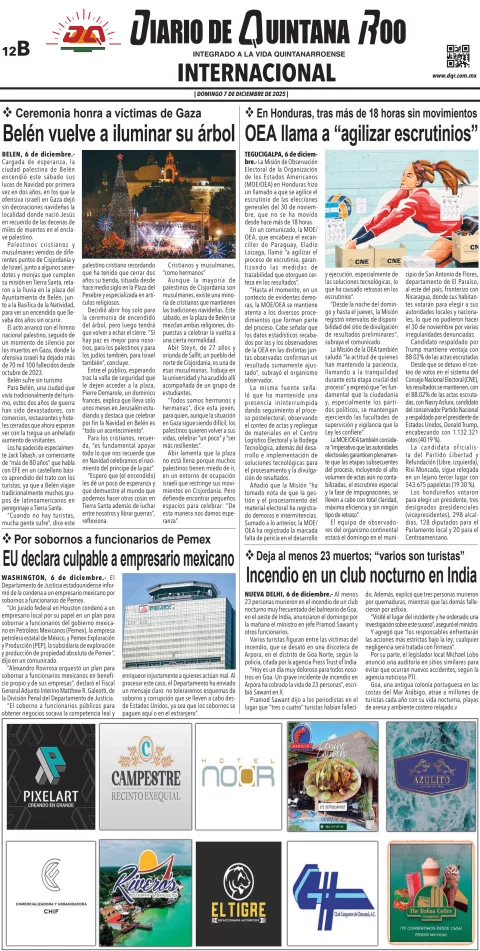 Portada de Diario de Quintana Roo (contra Portada) del domingo, 7 de diciembre de 2025