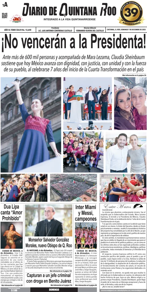 Portada de Diario de Quintana Roo (portada) del domingo, 7 de diciembre de 2025
