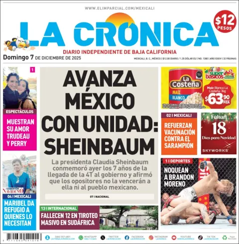 Portada de La Cronica del domingo, 7 de diciembre de 2025