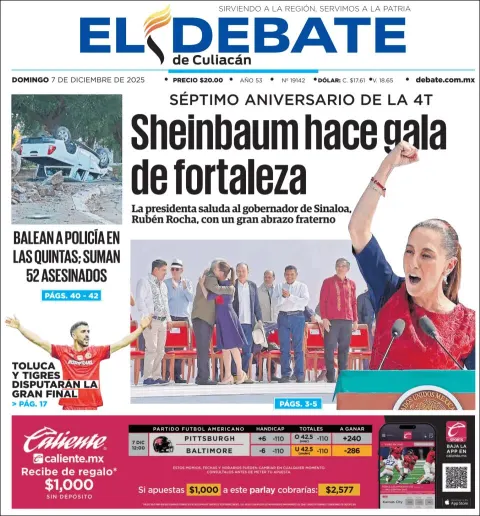 Portada de El Debate de Culiacan del domingo, 7 de diciembre de 2025