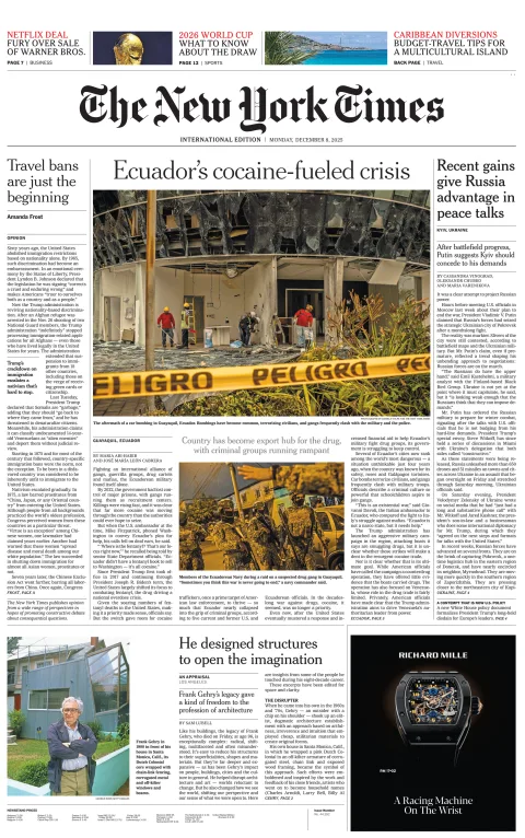 Portada de The New York Times (international) del lunes, 8 de diciembre de 2025