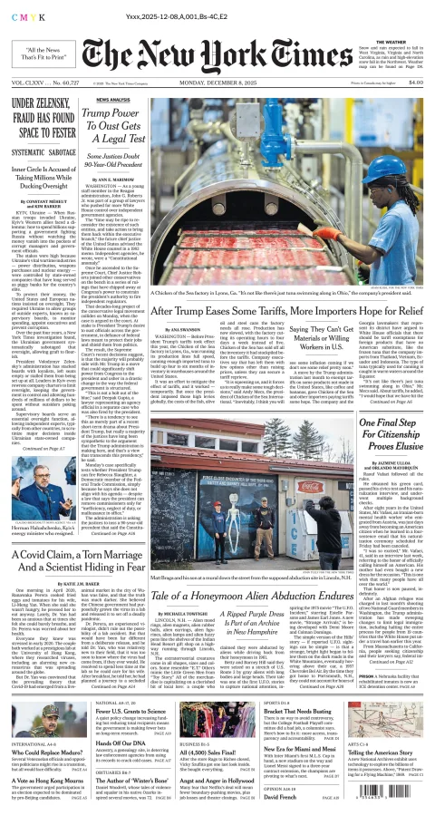 Portada de The New York Times (national) del lunes, 8 de diciembre de 2025
