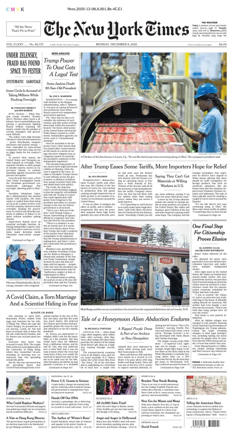Portada de The New York Times (new York) del lunes, 8 de diciembre de 2025