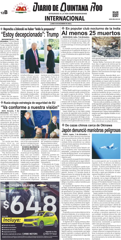 Portada de Diario de Quintana Roo (contra Portada) del lunes, 8 de diciembre de 2025