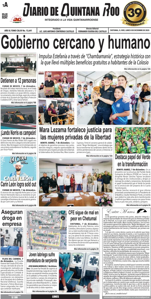 Portada de Diario de Quintana Roo (portada) del lunes, 8 de diciembre de 2025