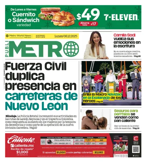 Portada de Publimetro Monterrey del lunes, 8 de diciembre de 2025